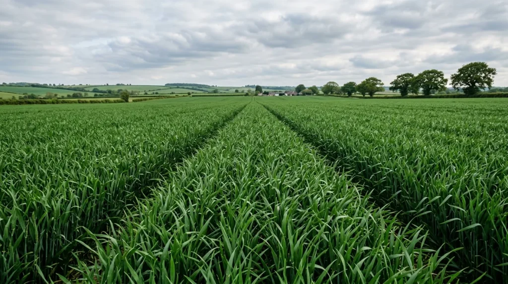 Campo de cultivos de trigo verde y exuberante bajo un cielo parcialmente nublado, simbolizando la resistencia agrícola con glicina betaína.